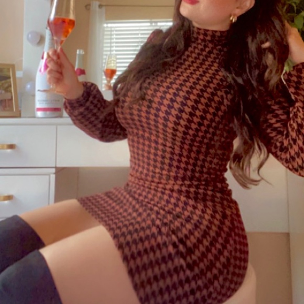 Prive houndstooth print mock neck lantern sleeve dress